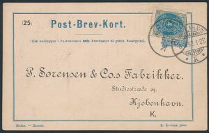 1892. Fri-Correspondancekort, brugt fra P. Sørensen  Co.s Fabrikker, nr. 25. Annulleret med Kjøbenhavn K stempel. Påsat 4 øre to-farvet. 8.3.92.