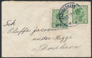 1919. 25 øre, Provisorium, grøn. Lille PRAGT-brev fra THORSHAVN 18.1.19.