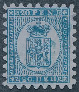 1866. 20 penni, blå. Gennemstik I. Smukt mærke med perfekt takning. Facit 1000