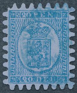 1866. 20 penni, blå. Gennemstik II. Smukt mærke med perfekt takning og blåt bystempel. Facit 800