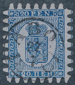 1866. 20 penni, blå. Gennemstik III. PRAGT-mærke med perfekt takning helt retvendt bystempel.