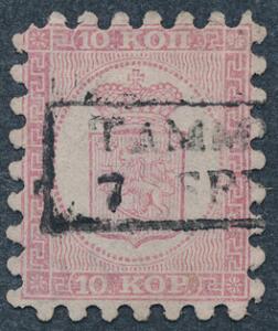 1860. 10 Kop, karmin. Gennemstik I. Fint mærke med pæn takning med bystempel TAMMEFORS.