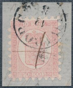 1860. 10 Kop, karmin. Gennemstik I. Fint mærke med pæn takning med både bystempel  blæk på lille klip.