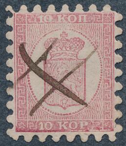 1860. 10 Kop, karmin. Gennemstik I. Fint mærke med pæn takning og blæk-annullering.
