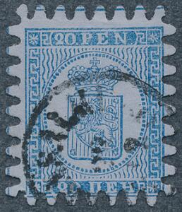 1866. 20 penni, blå. Gennemstik III. Smukt mærke med perfekt takning og fint bystempel Idensalmi.
