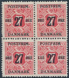 1918. 277 øre, rød. Postfrisk 4-BLOK med variant UDEN PUNKT EFTER POSTFRIM. Undervurderet variant.