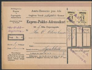 Expres-Pakke-Adressekort. Amtsbanerne på Als for 1 pakke til Lysabild. parstykke 15 øre Expresmærker. April 1923
