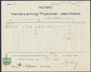 1921. Genf. 10 øre grøn som gebyrmærke på Regning til Vemb-Lemvig-Thyborøn Jærnbane for indkøb af frimærker. 13.9.1921