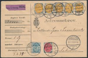 1895. 100 øre 5-stribe og 8 øre tofarvet, samt 20 øre våben. I alt 528 øre på adressebrev fra København 28.10.99 til Nakskov.