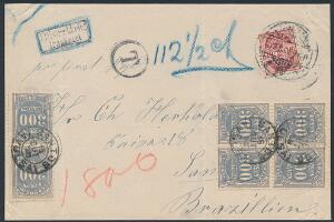 1902. 10 øre, rød, på underfrankeret brev -forside sendt fra København 22.9.1903 til BRASILIEN. Sat i strafporto med 112 12 Cent.  1800 Reis.