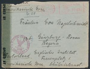 1946. Brev fra flygtningelejren i Kløvermarken ved København, sendt 18 JUN 1946 til Am. Zone, Tyskland. Censureret. Kuvert beskåret i toppen.