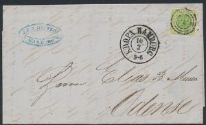 1854. 8 sk. grøn. Single frankering på smukt brev fra HAMBURG, til Odense. Annulleret med retvendt nr.stempel 2.