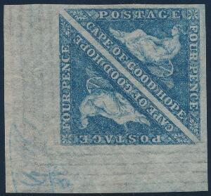 Cape of Good Hope. 1863. 4d, blå. Parstykke med hjørnemarginal. Let bleget. SG £ 500. Attest RPSL
