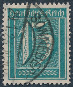 Tysk Rige. 1921. 15 Pf. blågrøn. Fint ægte stemplet mærke. Michel EURO 280. Udtalelse Tworek BPP.
