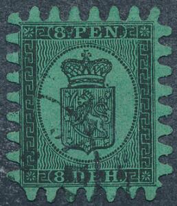 1866. 8 penni, sort på grønt papir. Gennemstik III. Smukt mærke med flot takning og bystempel.