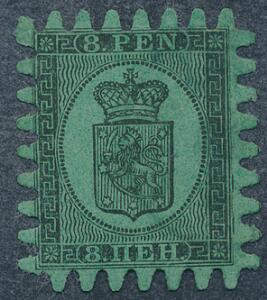 1866. 8 penni, sort på grønt papir. Gennemstik III. Smukt mærke med flot takning og bystempel. Facit 1500