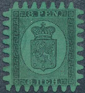 1866. 8 penni, sort på grønt papir. Gennemstik III. Smukt mærke med flot takning og let bystempel. Facit 1500