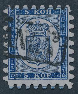 1860. 5 Kop, blå. Gennemstik II. Smukt mærke med flot takning og rammestempel.