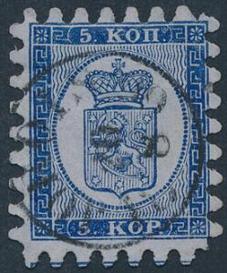 1860. 5 Kop, blå. Gennemstik II. Smukt mærke med flot takning og bystempel.