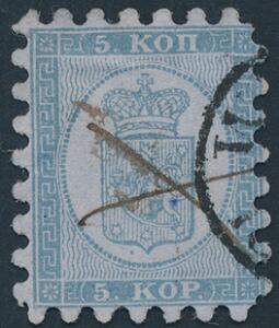 1860. 5 Kop, blå. Gennemstik I. Pænt mærke med flot takning med blæk-kryds  bystempel.