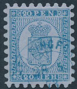 1860. 20 Kop, blå. Gennemstik I. Pænt mærke med flot takning og blåt bystempel. Facit 1000