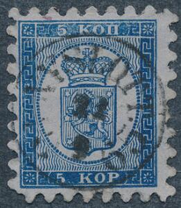 1860. 5 Kop, blå. Gennemstik I. PRAGT-mærke med retvendt bystempel.