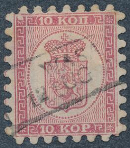 1860. 10 Kop, karmin. Variant HVID PLET I NV-HJØRNE.