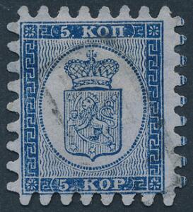 1860. 5 Kop, blå. Gennemstik II. Pænt mærke med flot takning og bystempel. Facit 2000