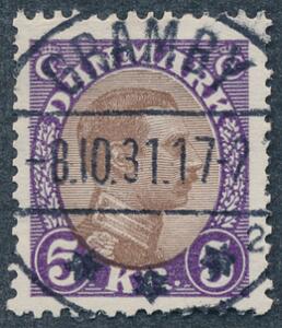 1927. Chr. X, 5 kr. violetbrun. LUXUS-stempel GRAMBY 6.10.31.