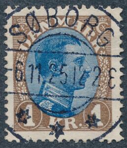 1921. Chr. X, 1 kr. brunblå tp. I. LUXUS-stempel SØBORG 6.11.25.