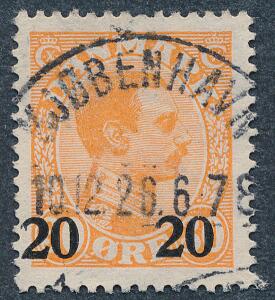 1926. 2030 øre, orange. variant SLANGEBID PÅ VENSTRE 2-TAL. PRAGT-stemplet KJØBENHAVN 19.12.26.