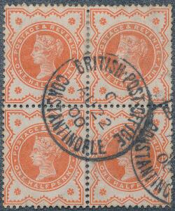 England. BRITISH POST IN CONSTANTINOPLE. 1900. 12 d. Victoria, orange. Stemplet 4-BLOK.