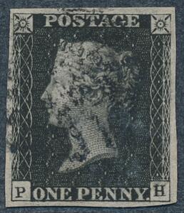 England. 1840. One penny, black. P-H. Pænt mærke med pænebrede rande.