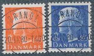 1980. Margrethe. 140 øre, orange og 180 øre, blå. Begge med retvendt LUXUS-stempler BRANDE 20.11.80.