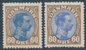 1918. Chr. X, 60 øre brunblå og brunultramarin. 2 pæne ubrugte mærker. AFA 1550