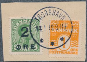 1919. 25 øre, grøn samt 1 øre, BØLGELINIE, orange. Fint lille klip, annulleret THORSHAVN 14.1.19.