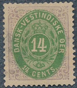 1873. 14 cents, lillagrøn. Pænt og velcentreret ubrugt mærke. AFA 7000