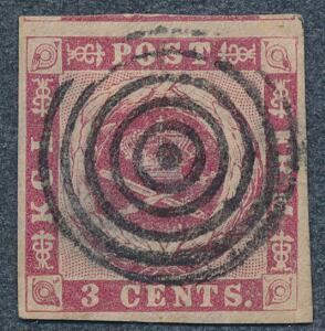 1866. 3 cents, karmin. PRAGT-mærke med brede rande og velplaceret skarpt stumt stempel.