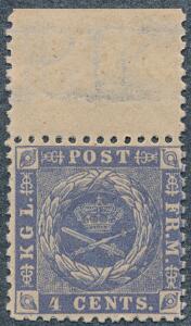 1872. 4 cents, blå. Linietakket 12 34. Pænt postfrisk mærke med øvre marginal. AFA 3800