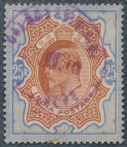 Indien. 1902. Edward. 25 R. orangebrunultramarin. Pænt stemplet mærke med svag lodret fold og lille tyndhed. SG £ 1300