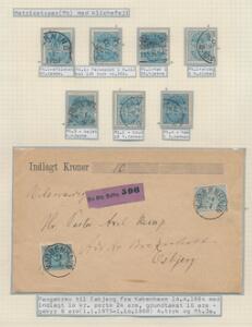 1884. 20 øre, blå, tk. 14. Udstillingsplanche med matricetypervarianter og et pengebrev sendt fra København til Esbjerg.