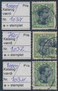 1918. Chr. X, 30 øre, grønsort. 3 gode AFA-VARIANTER. 103y, 103z og 103h