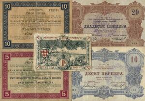 Monaco, 1 franc 1920, Pick 5, Montenegro, anvisning, 5, 10 perper 1914, 10, 20 perper 1914, Pick 18, 19, i alt 5 stk.