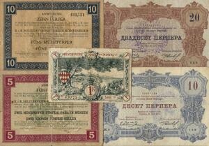 Monaco, 1 franc 1920, Pick 5, Montenegro, anvisning, 5, 10 perper 1914, 10, 20 perper 1914, Pick 18, 19, i alt 5 stk.