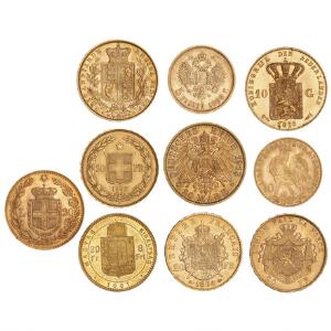 Samling af guldmønter fra lande som Belgien, England, Frankrig, Holland, Italien, Rusland, Schweiz, Tyskland og Ungarn, i alt 10 stk. i varierende kvalitet
