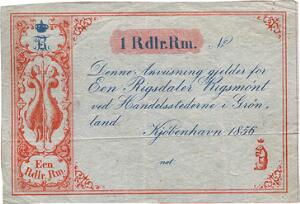 Handelsstederne i Grønland, 1 rigsdaler rigsmønt 1856, Sieg 36, Pick A36, blanket uden underskrifter