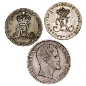 Frederik VI, 16 rigsdaler 1808 - Offermark, H 6, 2 stk., heraf 1 stk. gennemhullet samt Frederik VII, 1 rigsdaler 1855 FF, H 8B, i alt 3 stk.