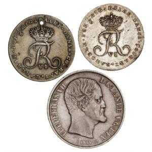 Frederik VI, 16 rigsdaler 1808 - Offermark, H 6, 2 stk., heraf 1 stk. gennemhullet samt Frederik VII, 1 rigsdaler 1855 FF, H 8B, i alt 3 stk.