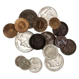 Frederik VII, lille samling af mønter inkl. 12 rigsdaler 1855 VS, H 9, 1 rigsdaler 1855 FF, H 8B samt mønter fra Oprørsregeringen, i alt 17 stk.