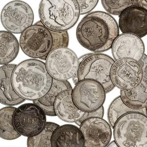 Samling af danske 1 og 2 kr sølvmønter, i alt 36 stk., Ag 362 g 8001000